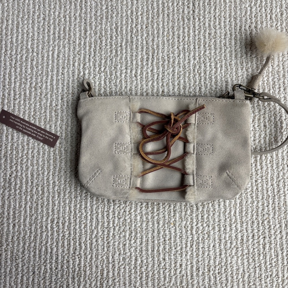 UGG suede & shearling zippered wristlet And Handbag camel color leather strap